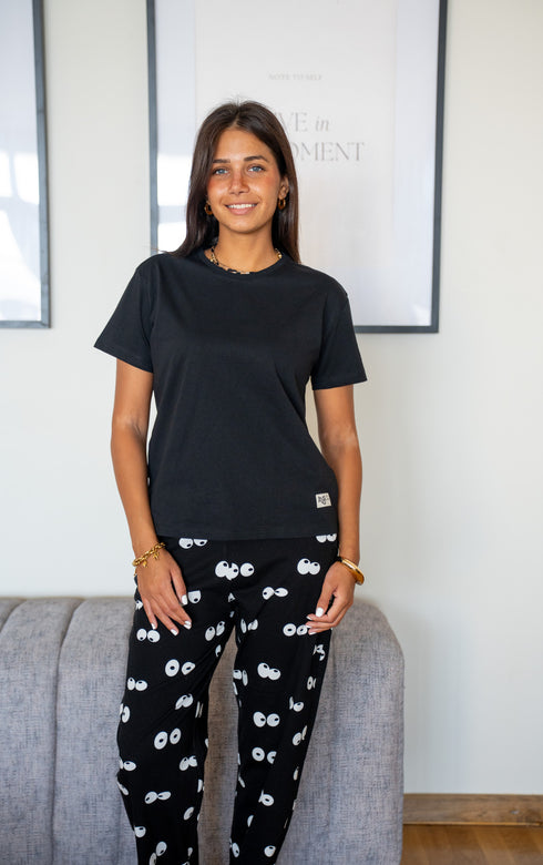 Women summer pajama set Black T-shirt + Eyes Pants